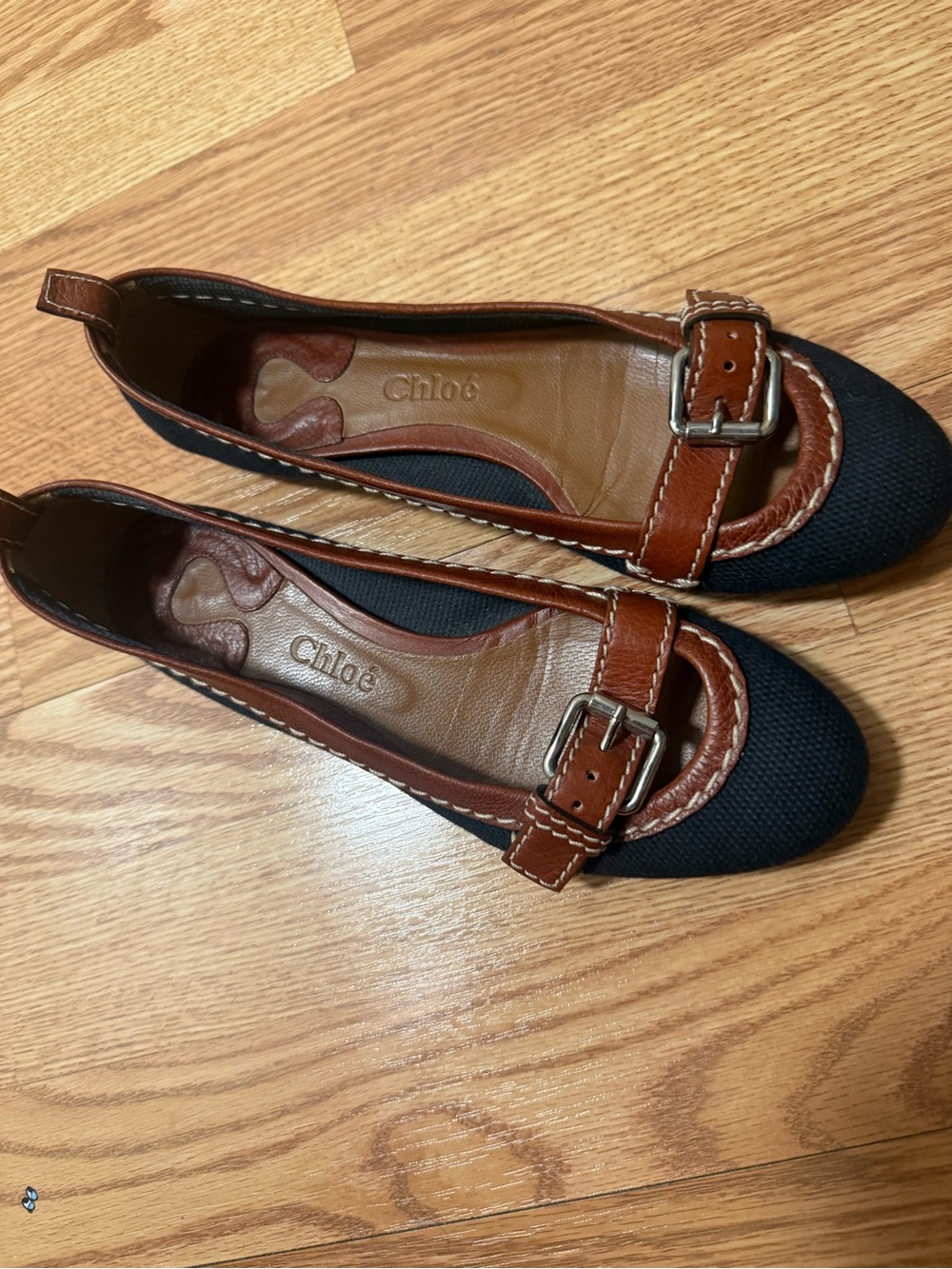 Chloe Brown Leather-Trim Black Canvas Flats with Buckle - Picture 5 of 12
